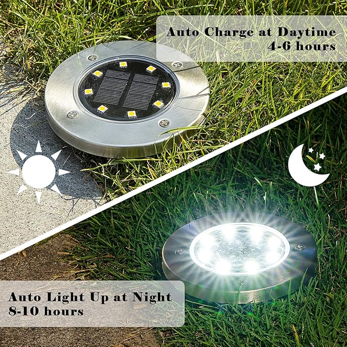 SOLPEX 24 Pack Solar Ground Lights, 8 LED Solar Powered Disk Lights Outdoor Waterproof Garden Landscape Lighting for Yard Deck Lawn Patio Pathway Walkway (White)