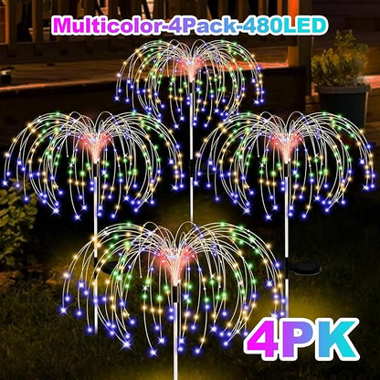 ALSO GO Solar Garden Lights Outdoor Waterproof, 4 Pack 480 LED Solar Firework Lights, Decorative Garden Décor Outside for Flowerbed Pathway Party Christmas Decoration, Multicolor
