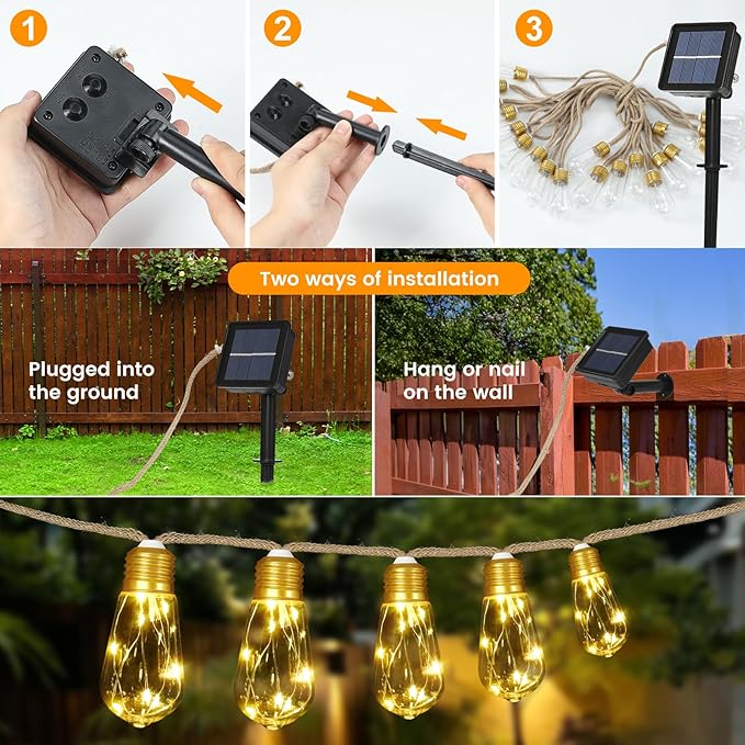 2Pack Solar Outdoor String Lights 24FT Vintage Rope Hemp Solar Lights with 20 Shatterproof Bulbs,8 Modes Solar | Lumora