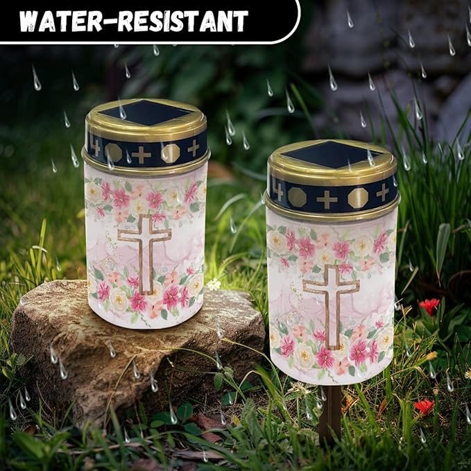 Cross Floral Solar Lights Outdoor Solar Garden Stake Lights Landscape Lighting for Yard Patio Cemetery Decoration for Grave,Flameless Warm White Lights Solar Powered Lights for Outside,Pink