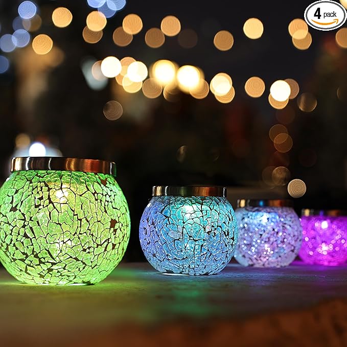 Cooo Gift for her him 4 Pack Heavy Solar Mosaic Crackle Glass Lights with Dual Solar Panels, Color-Changing RGB Lantern, Exclusive Dazzling Glass, Waterproof Outdoor Table Lamps Garden Lamp