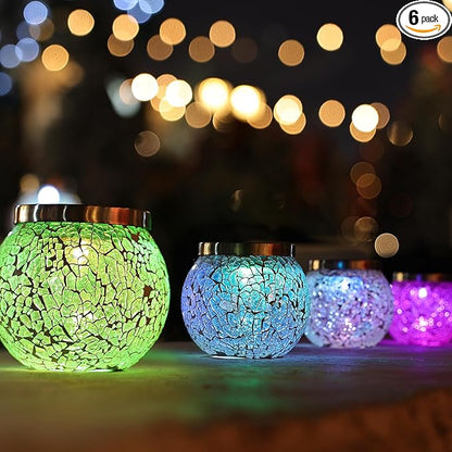 Cooo 6 Pack Gift for him her Heavy Solar Mosaic Crackle Glass Lights with Dual Solar Panels, Color-Changing RGB Lantern, Exclusive Dazzling Glass, Waterproof Outdoor Table Lamps Garden Lamp