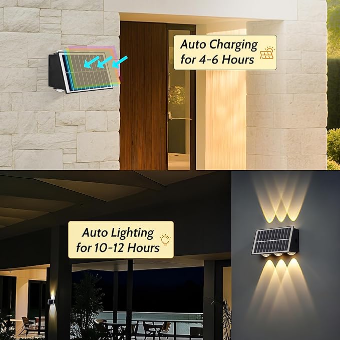 2 Pack Solar Fence Lights Outdoor, 6 LED Warm White (100 Lumens Each) Waterproof Wall Lights for Yard Garden Pathway Patio, Auto On/Off, IP65, Easy Install – No Wire Needed (2 Pack)