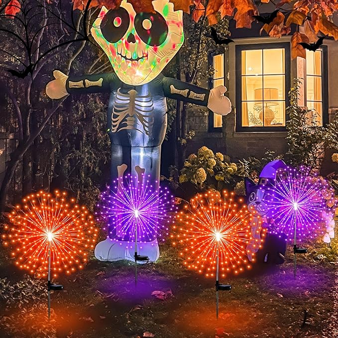 4 Pcs Halloween Solar Lights Solar Firework Lights 180 LED 8 Modes Outdoor Waterproof LED Stake Sparkler Christmas Decoration for Driveway Pathway Garden Patio Walkway Yard Lawn(Orange, Purple)