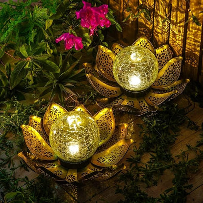 DUSVALLY Lotus Solar Light Outdoor Garden Decoration for Patio, Lawn, Walkway, Tabletop, Waterproof Metal Lotus & Glass Globe Emit Crackle Light, Golden