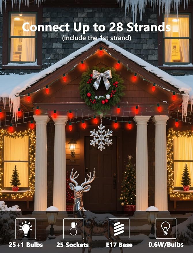 LED C9 Red Christmas Lights Outdoor, 25FT C9 LED Outdoor String Lights with 26 Shatterproof Red Bulbs, Waterproof | Lumora