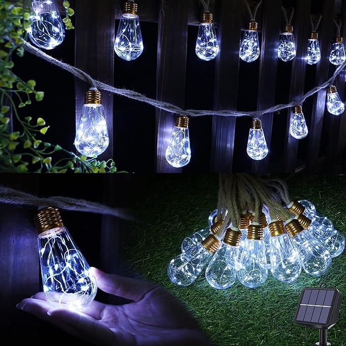 Solar Outdoor String Lights, 20Ft Vintage Rope Hemp Solar Patio Lights, Waterproof White Solar Powered String | Lumora