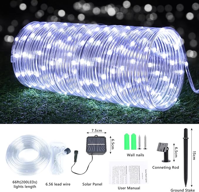 Solar Rope Lights, 66ft 200LED Solar String Lights, 8 Modes Waterproof Solar Powered Outdoor Light, Flexible Clear | Lumora
