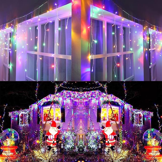 Joomer Christmas Icicle Lights - 33FT Plug in String Lights Waterproof, 8 Modes Timer Connectable Outdoor String Light for Christmas Party, Eaves, Roofs, Xmas Decorations (Multicolor)