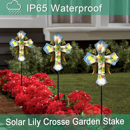 WAIU Solar Cross Garden Stake Lights,Metal Angel Wing & Acrylic Flowers Cross Solar Christmas Lights Outdoor,Waterproof Memorial Garden Decor for Cemetery,Grave,and Remembrance Gifts