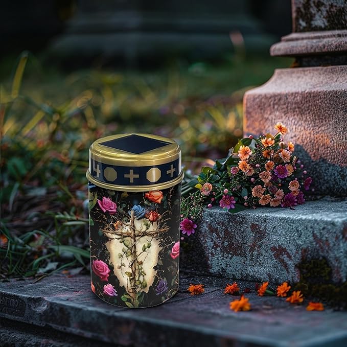 Cemetery Solar Lights for Grave,Cross-Watercolor Floral Solar Garden Stake Lights for Yard Patio Black Outdoor Solar Pathway Lights Waterproof Flameless Warm White LED Solar-Lantern