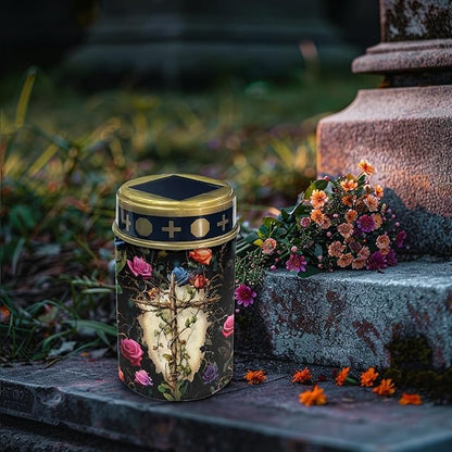 Cemetery Solar Lights for Grave,Cross-Watercolor Floral Solar Garden Stake Lights for Yard Patio Black Outdoor Solar Pathway Lights Waterproof Flameless Warm White LED Solar-Lantern