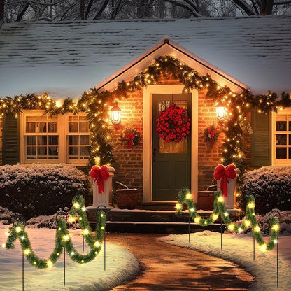 Christmas Pathway Lights Outdoor 50 ft Solar Christmas Garland Lights Outdoor with 100 LED and Walkway Stakes Pre Lit Garland Walkway Lights Decoration for Yard Lawn Garden Outdoor