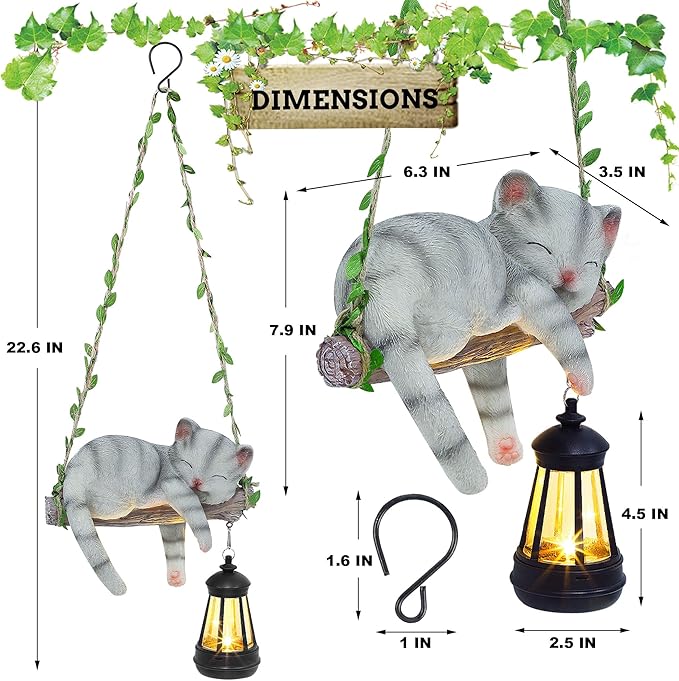 Solar Lighted Garden Outdoor Statue, 22.6" H Hanging Swing Lying with A Sleeping Cat and A LED Lantern, Resin | Lumora