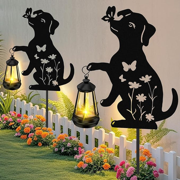 Solar Garden Statues Dog Decor - Outdoor Metal Lantern Silhouette Stake, Waterproof Solar Lights for Yard Patio | Lumora