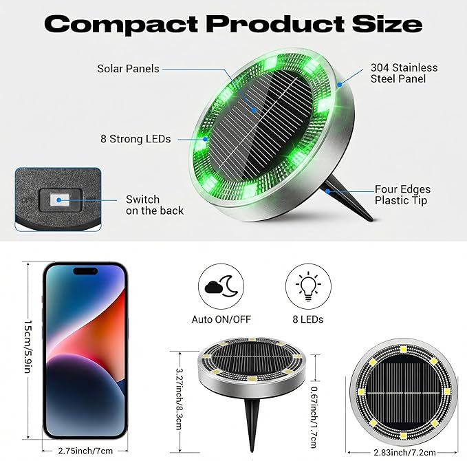 Peasur Mini Solar Ground Lights Outdoor, 4 Pack Flat Solar Powered Disc Lights, IP68 Waterproof, Anti-Rust | Lumora