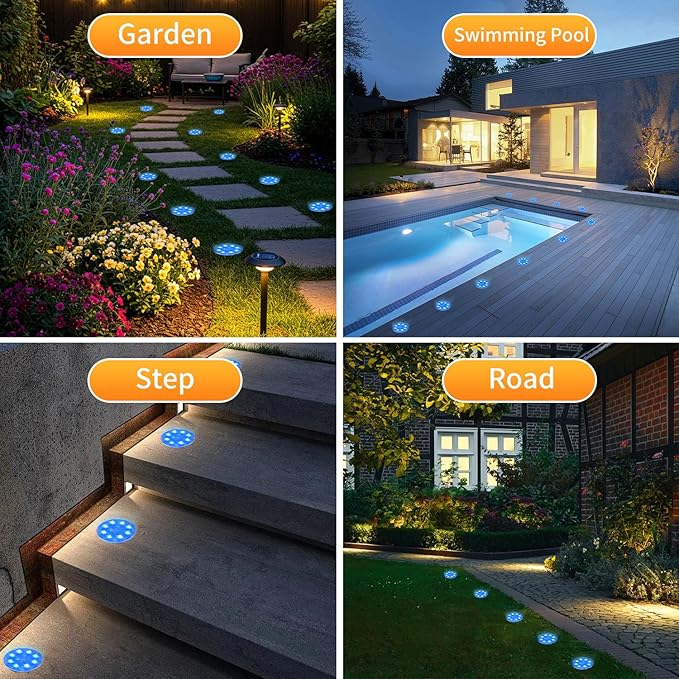 Ground Lights 12 Pack, IP68 Waterproof Solar Disc Lights for Outdoor, Flat Garden Light, In-Ground Light, Landscape | Lumora