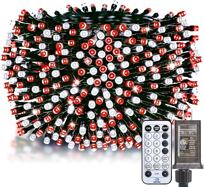 Minetom 50 Ft 1000 LED Cluster Lights Christmas Tree Lights Outdoor Christmas Firecrackers String Lights, 12 Modes Timer Remote Waterproof Plug in Twinkle Lights for Xmas Tree Party, Red ＆ Cool White