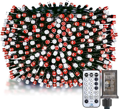 Minetom 50 Ft 1000 LED Cluster Lights Christmas Tree Lights Outdoor Christmas Firecrackers String Lights, 12 Modes Timer Remote Waterproof Plug in Twinkle Lights for Xmas Tree Party, Red ＆ Cool White