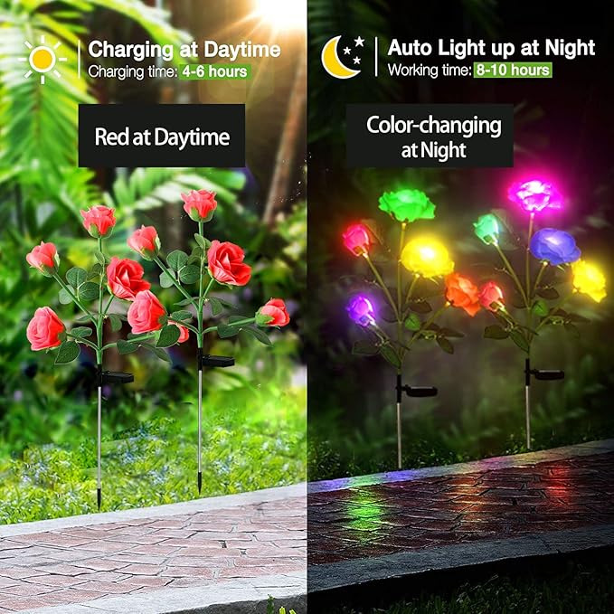 2 Pack Color-Changing Solar Rose Lights Flower Stake with 10 Roses, for Outdoor Garden Cemetery Patio Yard Pathway Decoration, Red