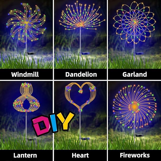 2 PCS Solar Firework Light, Outdoor Solar Garden Decorative Lights 120 LED Powered 40 Copper Wires String DIY Landscape Light for Pathway (Multi-Color)
