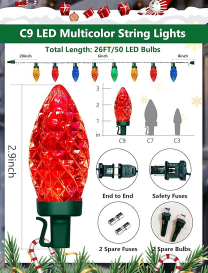 C9 Christmas Lights Outdoor, 26FT 50 LED Waterproof Connectable String Lights for Christmas Tree Roofline Holiday Party Indoor Outdoor Garden Patio Backyard Cafe Xmas Decoration (Multi-Colored)