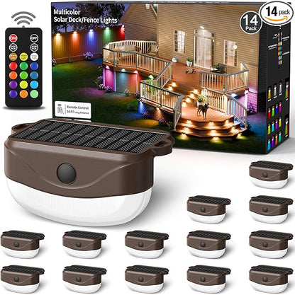 Solar Fence Lights with Remote Control 50ft,15 Multi Colors Solar Powered Outdoor Step Lighting,IP67 Waterproof Led RGBYW Colors Lamp for Outside Fence/Deck/Backyard/Stair Railing/Wall/Patio/Pool