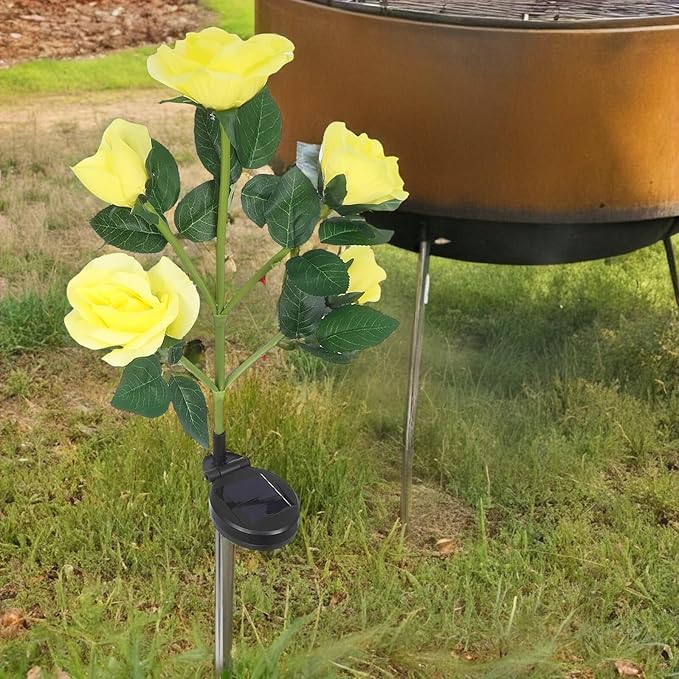 Alipis 2pcs Solar Flower Lights Outdoor 5-Head Rose Solar Garden Lights Waterproof Lawn Stake LED Solar-Powered Pathway Lamps for Patio and Yard Decoration