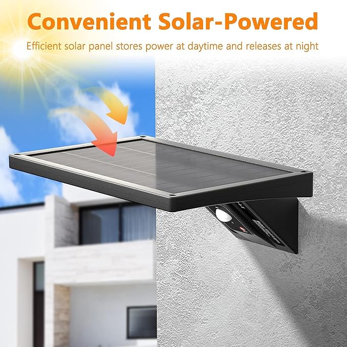 Solar Wall Light Outdoor, 3-Mode Lighting Wall Light, 2000Lm IP65 Waterproof Type 2 Optical Lens 104 LED with Fast Respond 120° PIR Motion Sensor for Building Exterior, Garden, Pathway