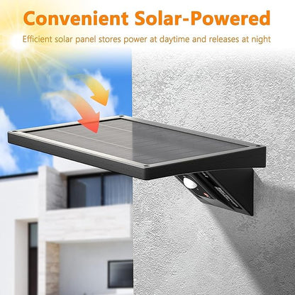 Solar Wall Light Outdoor, 3-Mode Lighting Wall Light, 2000Lm IP65 Waterproof Type 2 Optical Lens 104 LED with Fast Respond 120° PIR Motion Sensor for Building Exterior, Garden, Pathway