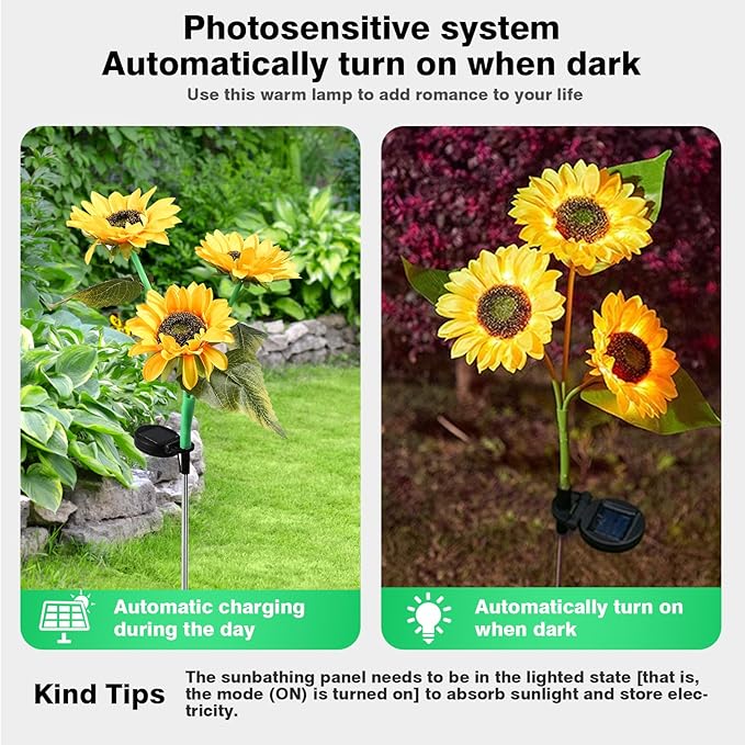ZPSHYD Solar Sunflower Lights, IP65 Waterproof Outdoor Garden Auto ON/Off Solar Decorative Lights for Backyard, Flower Bed, Pathway, Porch, with 12 Lights (4PCS 3 Heads Sunflower)