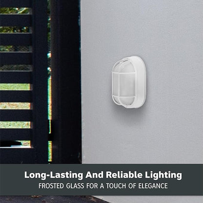 Designers Fountain Outdoor Wall Light, 5 Inch Oval Bulkhead Lighting Fixture with Cage Guard, Porch or Patio Ceiling Mount Sconce, White, 2071-WH