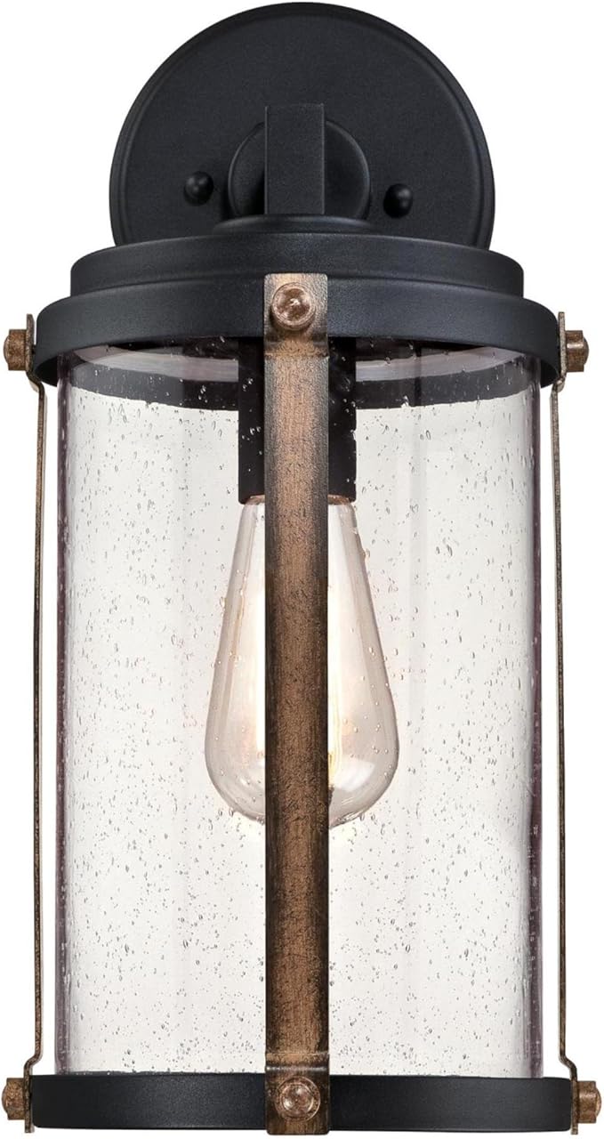 Westinghouse 6358800 Armin One-Light, Textured Black Finish with Barnwood Accents and Clear Seeded Glass OUTDOOR WALL Fixture,