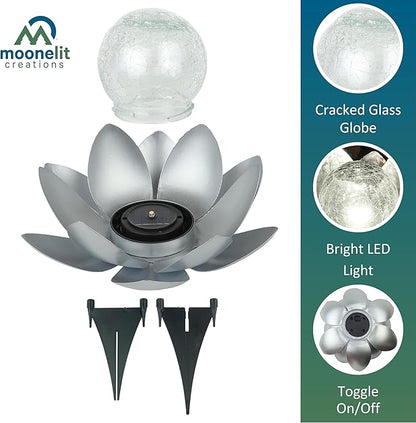 MCSLOTUS-S Silver Lotus Flower Solar LED Garden Light with Crackled Glass Globe – Waterproof Metal Outdoor Décor