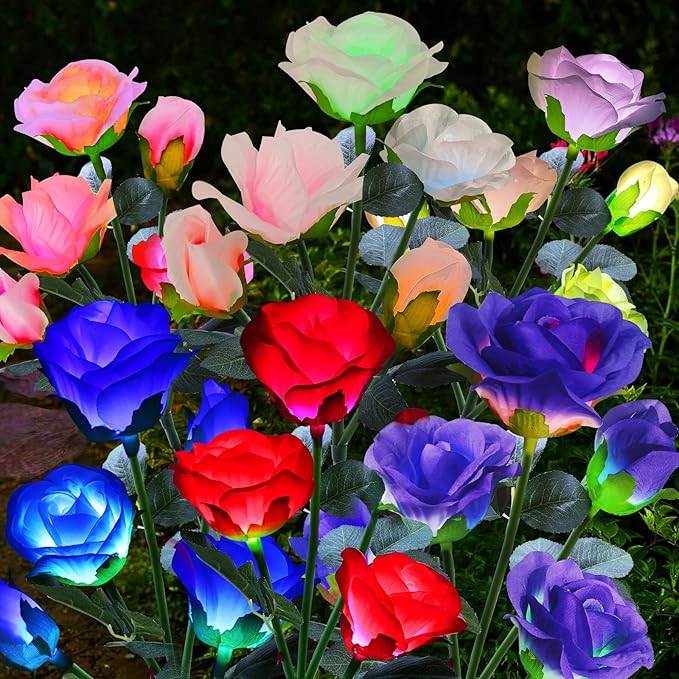ANGMLN 4 Pack Solar Garden Lights, Solar Flower Lights Outdoor Waterproof with 20 Head Rose 7-Color Changing Landscape Light for Garden Yard Pathway Patio Grave Cemetery Decoration