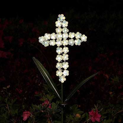 Solar Cross Garden Stake Outdoor Lights, 40 Inch Solar Powered Cross Lights Stake with 24 LED Decorative Flower Lights for Remembrance Gifts