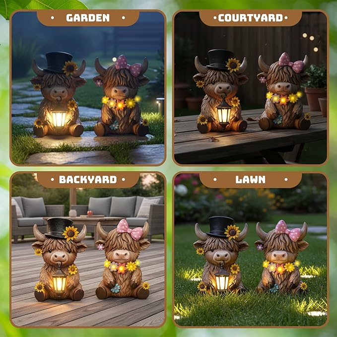Retisee 2 Pcs Solar Highland Cow Garden Statues Resin Garden Highland Cow Statues with Flower LED Lights Outdoor | Lumora