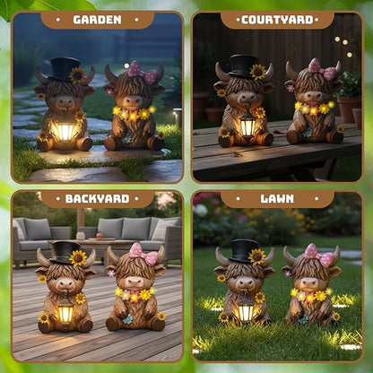 Retisee 2 Pcs Solar Highland Cow Garden Statues Resin Garden Highland Cow Statues with Flower LED Lights Outdoor Funny Solar Light Figurines Decoration for Yard Patio Lawn Gifts for Grandma Mom Women