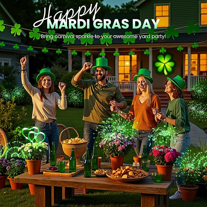 6 Pack St. Patrick's Day Solar Lights Outdoor, Solar Garden Lights Outside Fairy Firework Decorative,Solar Powered for Wedding,Yard Pathway Party Balcony Patio Decor (Green