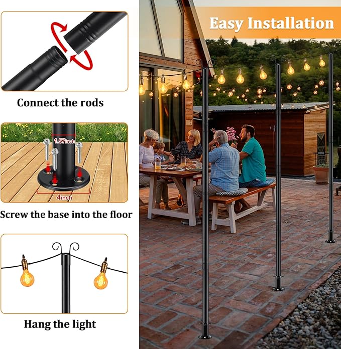 COCONUT String Light Poles for Ground, 8FT Heavy Duty Adjustable Metal Poles for Outdoor String Light Hanging with | Lumora