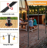 String Light Pole for Ground, 8FT Heavy Duty Adjustable Metal Poles for Outdoor String Light Hanging with Flange | Lumora