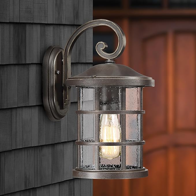 Quoizel Crusade Outdoor Wall Lantern, Coastal Armour 14.25 Inch 1-Light Palladian Bronze Wall Sconce, Clear Seeded Glass, 100W Exterior Wall Lantern Fixture, Outside Lights for Patio, Porch or Garage