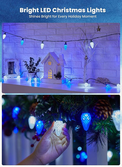 C9 LED Christmas Lights Outdoor, 81 Feet 100 LED String Lights with Timer & 8 Light Mode, Waterproof Connectable Christmas Tree Lights for Outside Indoor Roofline Patio, Blue & Pure White 2 Pack