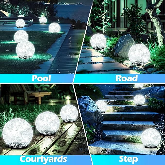Cracked Glass Outdoor Solar Lights Landscape Garden Ball Lights, Garden Solar Ball Lights Waterproof (White, 10cm)