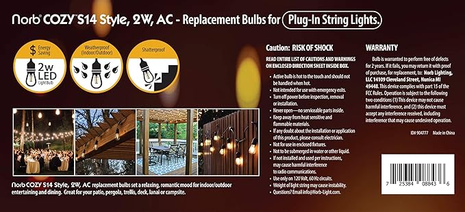 Norb NorbSTRING 2W AC LED Replacement Bulbs for Plug-in String Lights - Warm Candlelight Glow, E26 Standard Base | Lumora