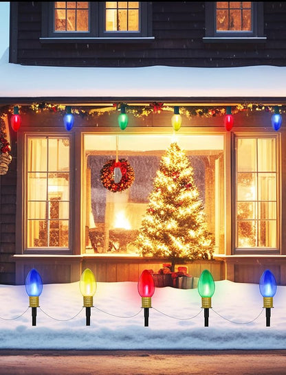 C9 LED Christmas Pathway Light Strings, 2 Pack 7FT Christmas Pathway Light Strings with 4 Jumbo LED Clear 4 Color Home Bulb Insert Rods for UL Listed for Lawn Walkway Lane Marker Lighting Decoration