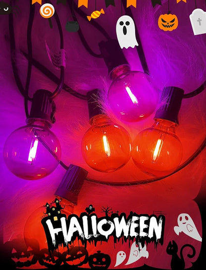25FT Halloween String Lights Outdoor Plug-In, 25 G40 LED Bulbs & 2 Spare, E12 Base, 2700K Warm White, Shatterproof, Outdoor Halloween Decorations for Garden Patio Christmas, Clear Purple Orange