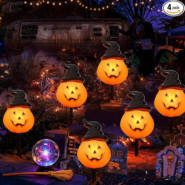 Halloween Pumpkin Pathway String Lights 4 Jack-o-Lantern Stakes Lights with C7 Bulbs, 7Ft Extendable Wizard Hat | Lumora