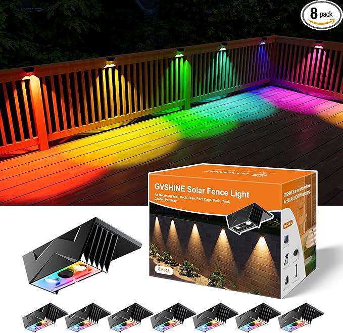 8 Pack Color Change Solar Fence Lights Outdoor for Deck, Railing, Stair, Retaining Wall, Waterproof Led Accent RGB Lamp Decorative Lighting with Spot Len for Patio, House, Pool Cage, Garden, Yard