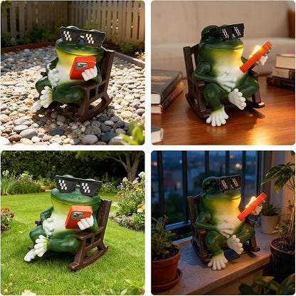 Solar Frog Garden Statue with LED Lights & Glowing Phone, Waterproof Outdoor Decor for Patio, Yard, Garden Decorations, Gift for Mom Grandma, Valentines Day Decorations, Birthday Gift for Women